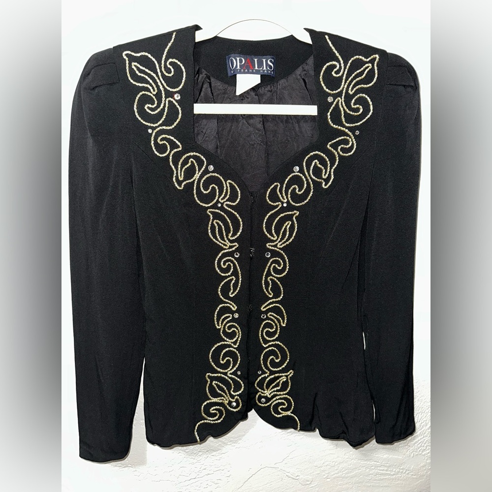 Black Blouse with Gold Embroidered V-Neck